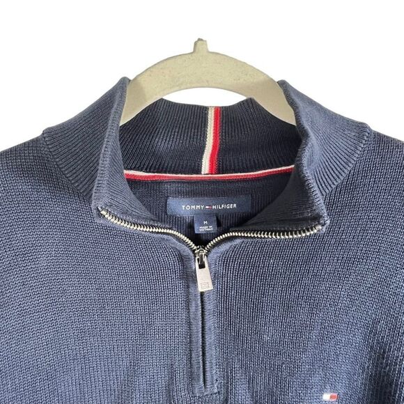 Tommy Hilfiger Quarter Zip Navy Blue Paid Print Sleeves Men’s Sweater - Picture 5 of 7